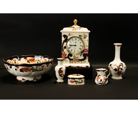 A Small Collection Of Masons Mandalay Painted Ceramics To Include Table Clock, A Bowl, Two Vases, Trinket Dish, Cover And Min