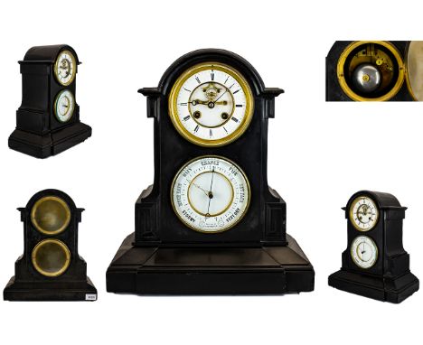 Late 19thC Black Slate Mantel Clock And Barometer, Of Arched Form, The Clock With White Enamelled Chapter Dial And Roman Nume