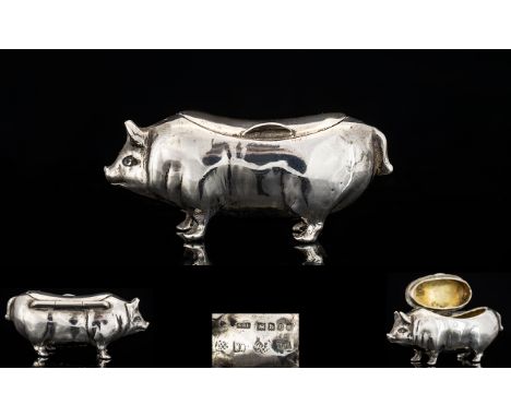 Victorian Period - Solid Silver Wonderful Quality and Rare Snuff Box In The Form of a Pig / Hog. Hallmark for London 1881, Sa