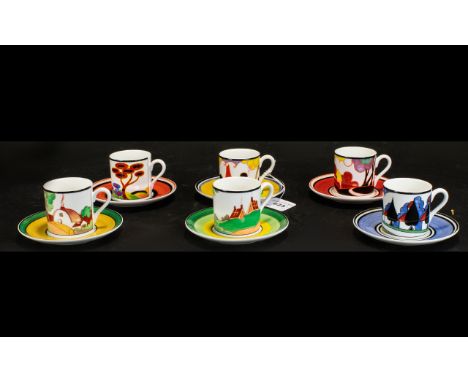 Clarice Cliff By Wedgwood Set of Six Cups and Saucers. 'Limited edition 'Summer House'. The official limited edition of Cafe 