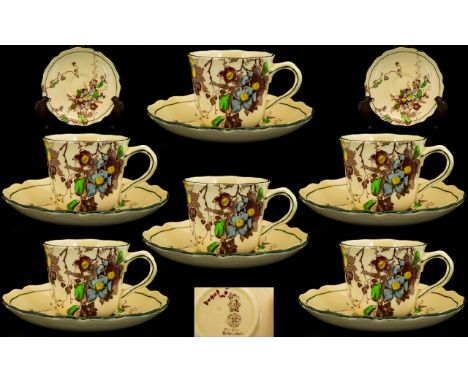 Royal Doulton Wonderful Antique Period Set of Six Cups and Saucers 'Kew' pattern, Reg no 116918, circa 1890-1908. Please see 