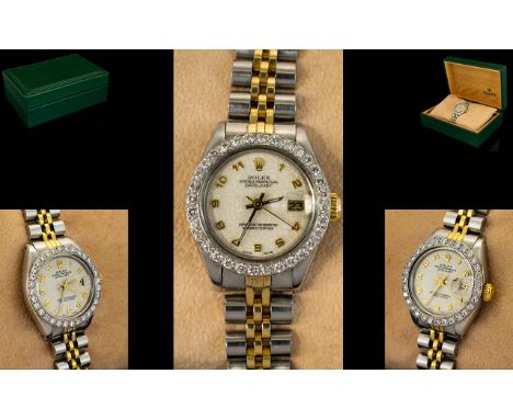 Rolex - Ladies Oyster Perpetual Date-just Steel and Gold Chronometer Wrist Watch, with Diamond Bezel, Features a White Emboss