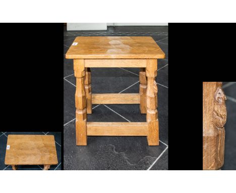 Robert Thompson Mouseman Of Kilburn Oak Dressing Table Stool, with adzed seat, on four octagonal legs joined by a stretcher, 