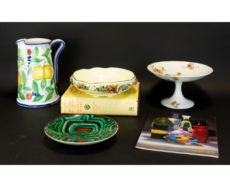 Mixed Box of Ceramic Items to include Haviland &amp; Co. cake plate; large Italian jug with fruit design; and cream Crown Sta