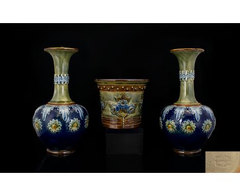 Doulton Lambeth Fine Pair of Vases of Pleasing Form. Circa 1900.  Doulton impressed marks and monogrammed E.P. to undersides 