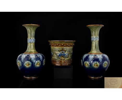 Doulton Lambeth Fine Pair of Vases of Pleasing Form. Circa 1900.  Doulton impressed marks and monogrammed E.P. to undersides 