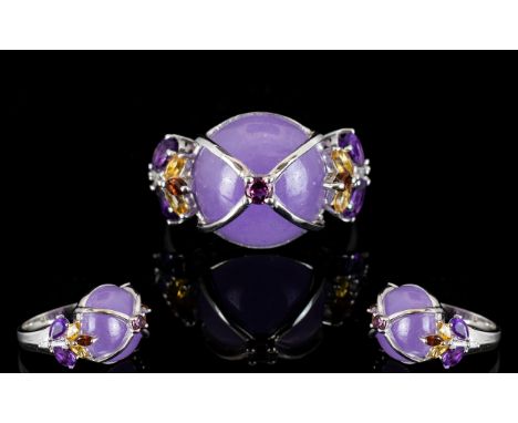 Purple Jade, Amethyst, Garnet and Citrine Ring, a 13.5ct round cabochon cut purple jade covered with an X cage topped with a 