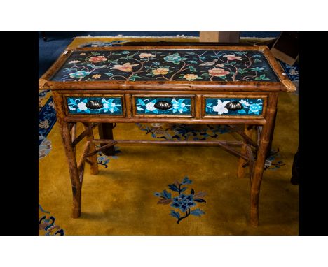 A Modern Oriental Bamboo Console Table - floral painted top of rectangular form with x 3 drawers. Width 39 inches, depth 17.5