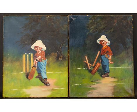 Pair Of 1900's Oils On Canvas Depicting Comical Boys Playing Cricket. 'At The Crease', and Bowled out'. 20 inches x 16 inches