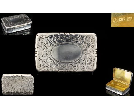 Mid Victorian Period Good Quality Alfred Taylor Solid Silver Rectangular Shaped Snuff Box with Vacant Cartouche and Gilt Inte