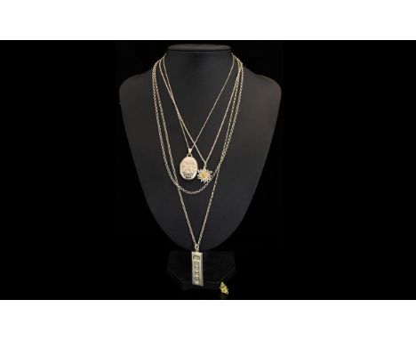 A Small Collection Of Silver/White Metal Items To include silver ingot and chain, silver daisy pendant and chain, silver belc