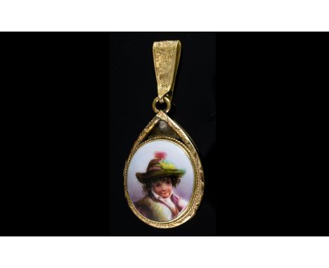 Antique Yellow Metal Mourning Pendant, the front hand painted with portrait of young boy, the back with glazed compartment en