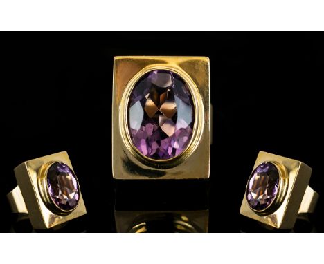 1970'S - 9ct Gold Single Stone Amethyst Set Dress Ring, Marked 9ct. The Large Faceted Amethyst of Good Colour. Est Size 8 cts