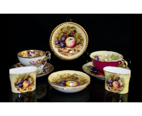 A Small Mixed Lot Of Fruit Decorated Porcelain To include four Aynsley trinket dishes, two spill vases, Noritake rose painted