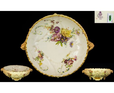 Royal Worcester Wonderful Quality Hand Painted Blush Ivory Large Ornate Footed Bowl ' Summer Flowers ' Decoration to Interior