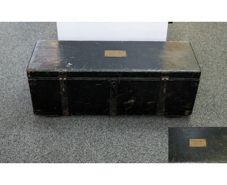 An Old Shipwrights Box/Trunk Of typical form, bearing brassplaque titled 'G Sinclair Shipwright, metal carry handles, aged bl