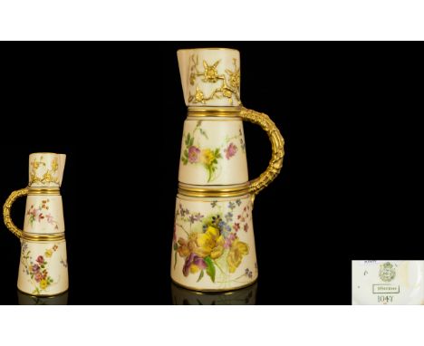 Royal Worcester Blush Ivory Jug with Painted Images of ' Spring Flowers ' Highlighted with Gold Borders and Handles. Shape 10