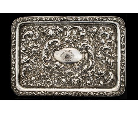 Art Nouveau Period Solid Silver Rectangular Shaped Tray with Embossed Stylished Floral Decoration, Hallmark Birmingham 1905, 