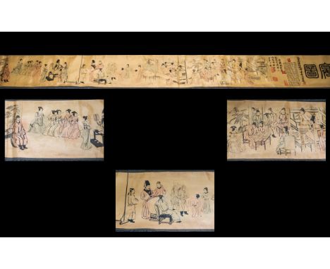 An Mid 20th Century Chinese Silk Scroll Monochrome scroll, landscape orientation depicting scholars and female figures of neu