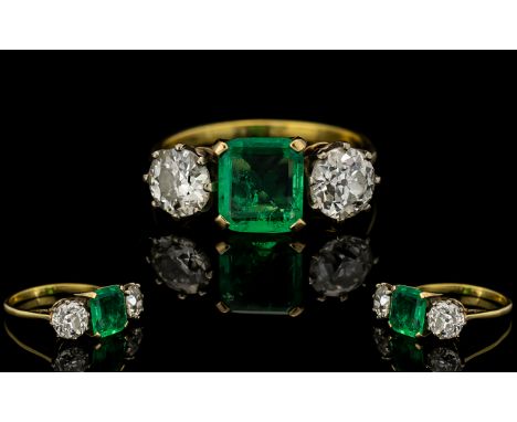 Art Deco Period - Attractive 18ct Gold 3 Stone Emerald and Diamond Set Dress Ring of Good Quality. The Central Natural Emeral