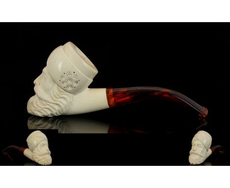 Antique Period - Superb Quality Meerschaum Carved Ivory and Amber Pipe with The Head of Arabian Sultan to Bowl. c.1900. Wonde