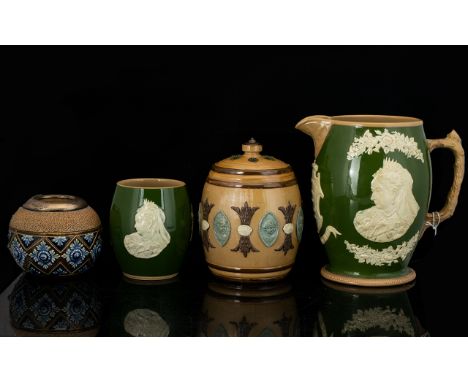 Doulton Lambeth Tobacco Jar Barrel form lidded jar of glazed earthenware with applied moulded oval portrait plaques to body, 