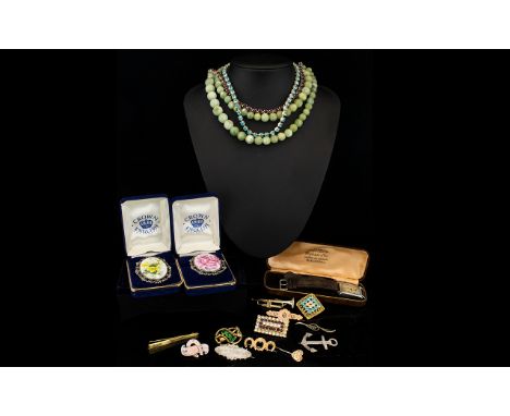 A Collection Of Vintage Costume Jewellery Mixed Metal And Silver Items A varied lot to include jadeite bead necklace, two box