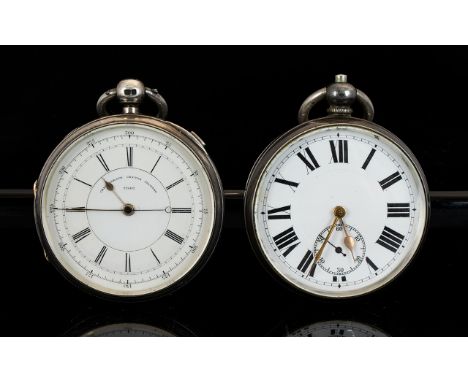 A Silver Open Faced Chronometer Pocket Watch White enamel dial with Roman numerals, etched to case back with empty shield for