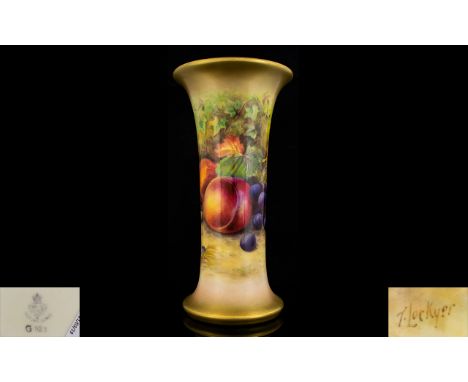 Royal Worcester - Signed and Hand Painted Trumpet Shaped Vase of Pleasing Form. ' Peaches and Grapes ' Stillife. Signed Locky