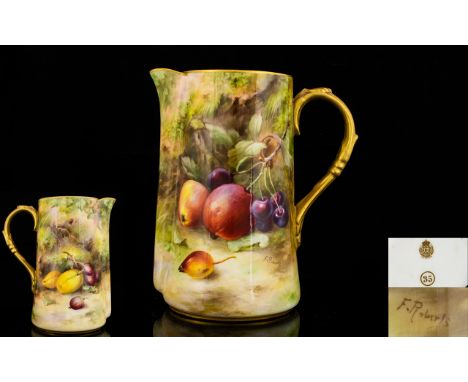 Royal Worcester Hand Painted and Signed Jug ' Fallen Fruits ' Stillife. Signed F. Roberts, Date 1912. Height 6 Inches - 15 cm
