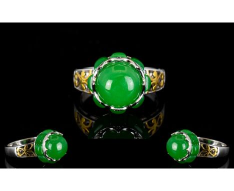 Green Jade Crowned Ring with White Zircon Accents, a circle of square cut jade cabochons, totalling 3.5cts, set vertically, w