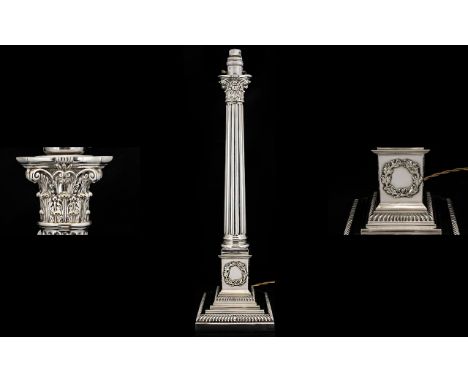 Antique Period Very Fine Quality Large and Impressive Classical Silver Plated Lamp Base, In The From of a Corinthian Column w