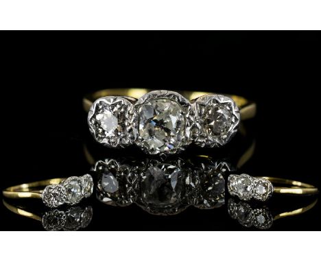 Antique Period 18ct Gold and Platinum 3 Stone Diamond Set Dress Ring, Illusions Set, Marked for 18ct and Platinum. The Old Ro