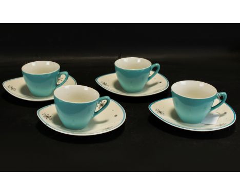 Staffordshire Midwinter Fashion Shape Capri Pattern Cups &amp; Saucers.  Circa 1955, four cups with matching saucers in blue 