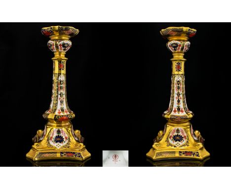 Royal Crown Derby Impressive Pair of Tall Old Imari S.G.B ( Solid Gold Band ) Candlesticks. Pattern No 1128 &amp; Date 1995. 