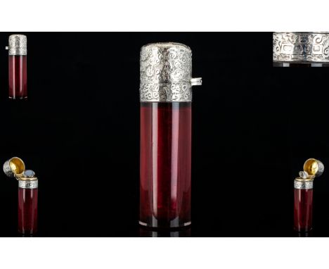 Victorian Period Silver and Ruby Glass Hinged Lidded Cylindrical Shaped Scent Bottle, Complete with Stopper, of Nice Quality 