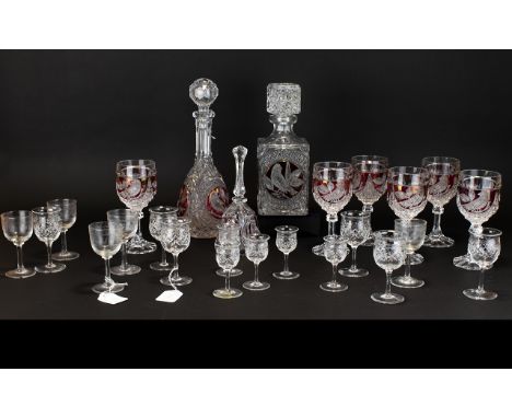 Ruby Glass Decanters &amp; Glasses to include one square decanter with stopper, approx. 10" high, one oval decanter with stop