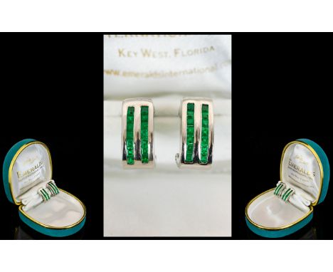 18ct White Gold Fine Pair of Natural Step-Cut Emerald Channel Set French Clip Earrings.  The natural Colombian emeralds of go