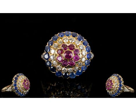 Antique Period Stunning Quality 18ct Gold Diamond / Sapphire / Ruby Set Cluster Ring of Circular Form, Flower head Design. Th