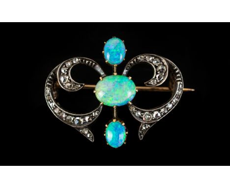 Early Victorian Period 15ct Gold Superb Petite Diamond and Opal Set Brooch with Safety Chain of Pleasing Form. Set with Old C