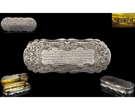 Nathaniel Mills Solid Silver Shaped Snuff Box of Excellent Proportions and Form, Gilt Interior, Hallmark Birmingham 1850, Mak