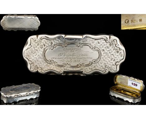 Early Victorian Period Nice Quality Solid Silver / Heavy Hinged Snuff Box of Very Pleasing Form. Confirm with Photo, Hallmark