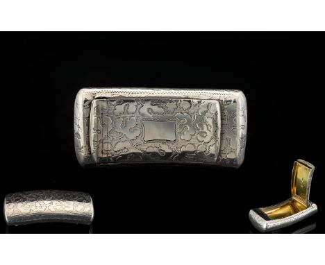 George III - Small Pemberton Unusual and Scarce Wonderful Double Action Solid Silver Snuff Box of Curved Form and Engraved De