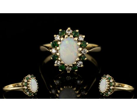 Ladies 9ct Gold Opal Attractive and Diamond Dress Ring, In a Flower head Design, Fully Hallmarked , The Central Opal Surround