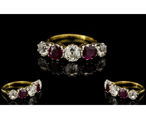 18ct Gold and Platinum Attractive 5 Stone Ruby and Diamond Set Ring, From The 1920's / 1930's. The Central Old Brilliant Cut 