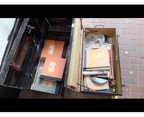 An old steel travelling trunk, containing various old LP's and gramophone records, together with one other 