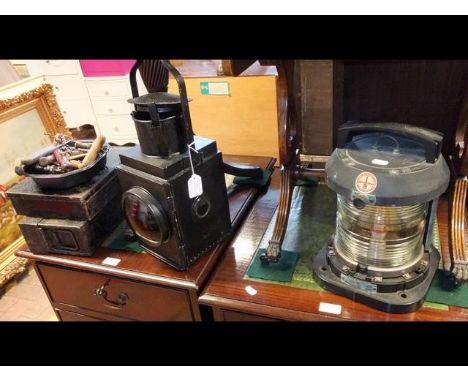 An Ahlemann &amp; Schlatter ships lamp, a railway lamp with red glass and various metal ware etc