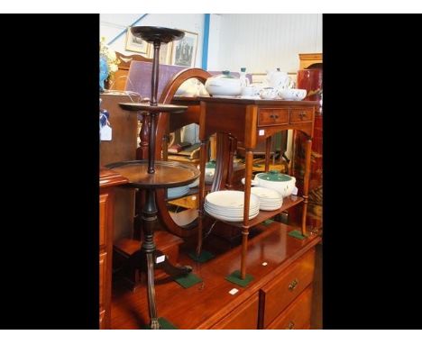 A reproduction inlaid mahogany bedside table with under shelf together with a three tier dumbwaiter 