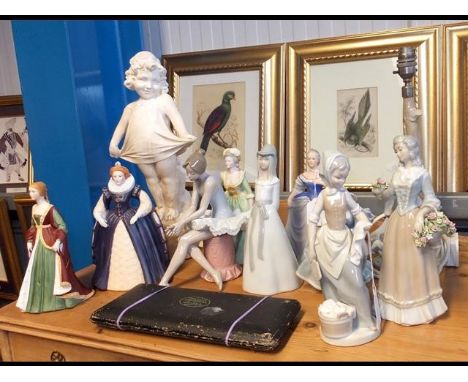 A Nao figure table lamp, other female figures together with a cased set of instruments