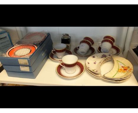 Six Waring &amp; Gillow china coffee cups and saucers, three boxes of Wedgwood Cafe Chic saucers, Clarice Cliff and Wilkinson